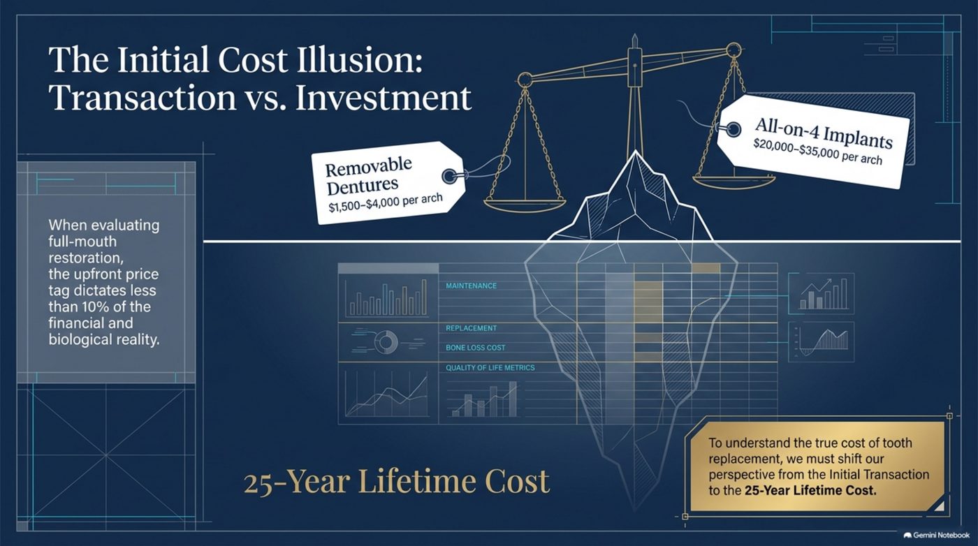 Initial cost illusion slide comparing per-arch pricing and the four hidden cost ledgers