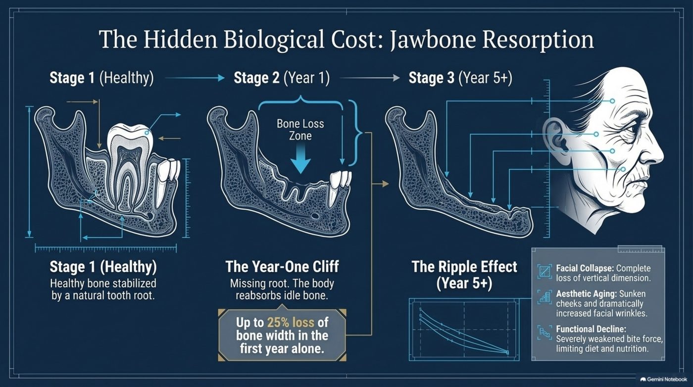 Jawbone resorption slide showing three stages from healthy bone to facial collapse