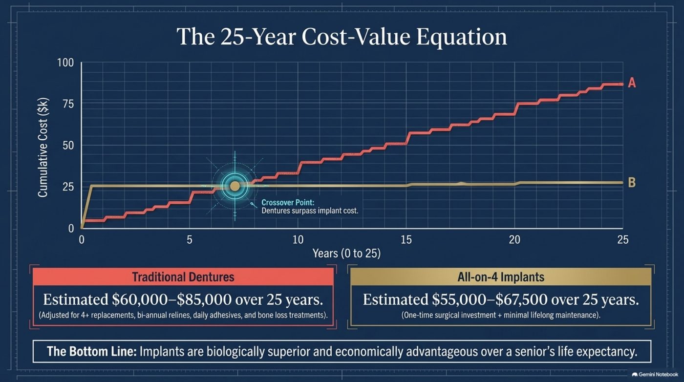 25-year cost-value equation slide showing the cumulative cost curves and the crossover point