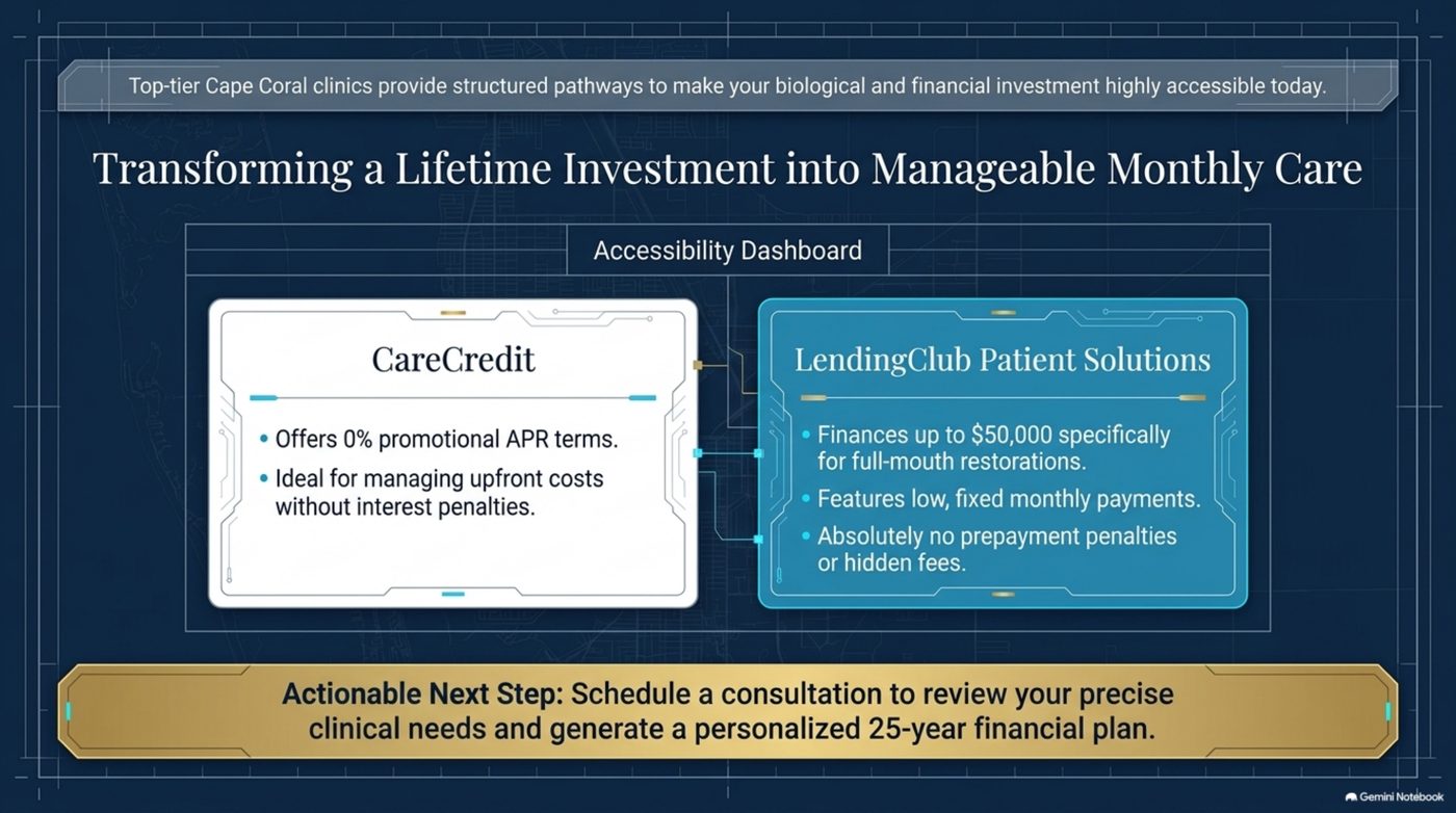 Financing accessibility dashboard slide showing promotional APR terms and full-mouth financing options